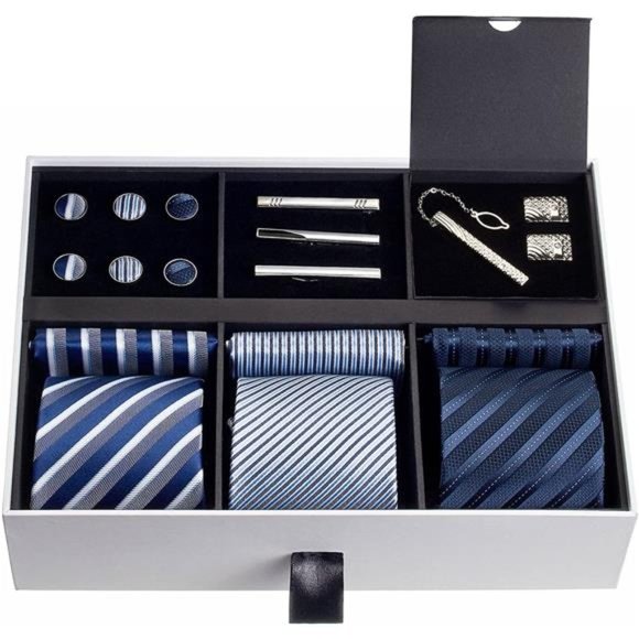 Men’s Gift Tie Set Silky Necktie Pocket Squares Tie Clips Cufflinks For Men - Picture 3 of 7